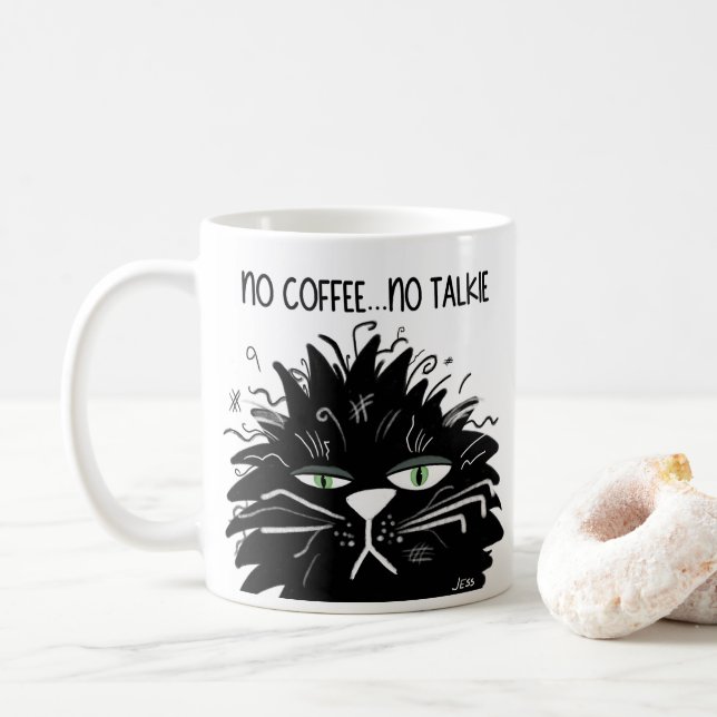 Black Grumpy Cat No Coffee No Talkie Funny Coffee Mug (With Donut)