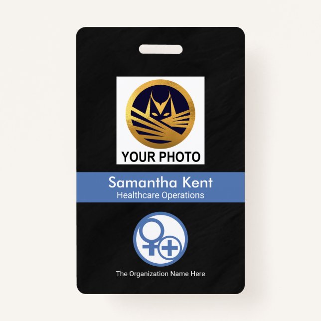 Black Grunge Blue Stripe Photo Template Medical Badge (Front)