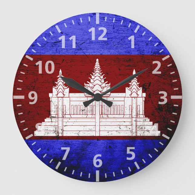 Black Grunge Cambodia Flag Large Clock (Front)