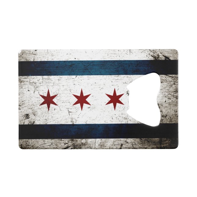 Black Grunge Chicago Flag Credit Card Bottle Opener (Front (Horizontal))