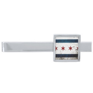 Black Grunge Chicago Flag Silver Finish Tie Clip