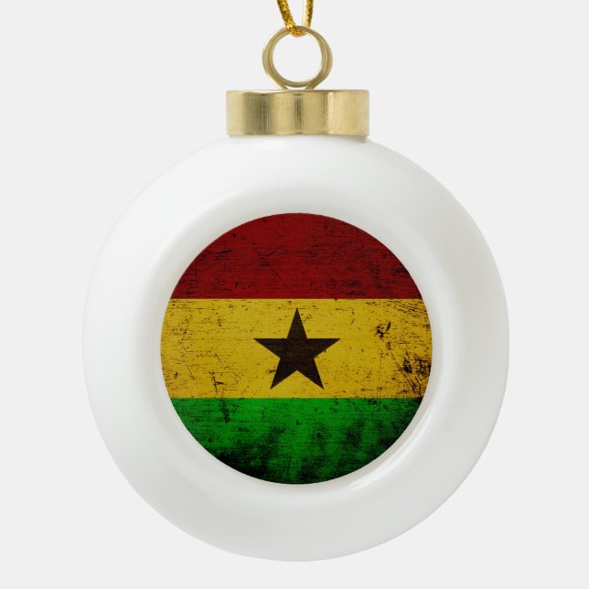 Black Grunge Ghana Flag Ceramic Ball Christmas Ornament (Front)