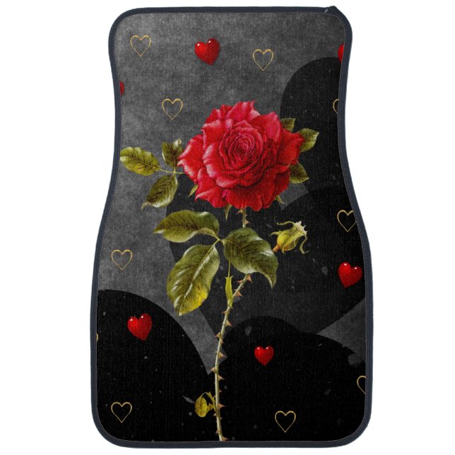 Black Grunge Hearts with Red Rose Car Floor Mat (Front)