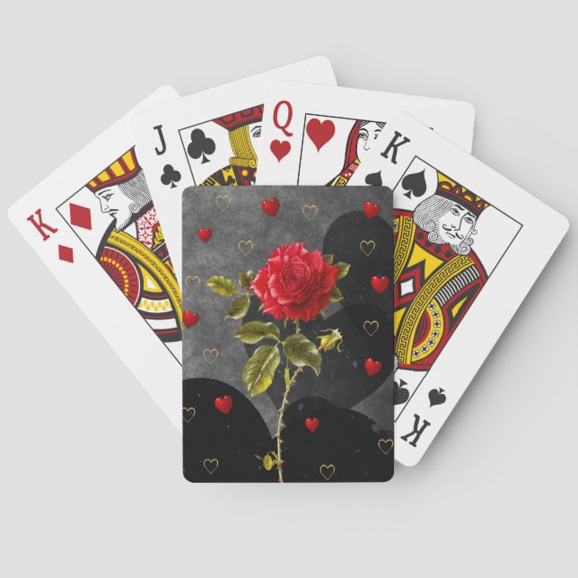 Black Grunge Hearts with Red Rose Poker Cards (Back)