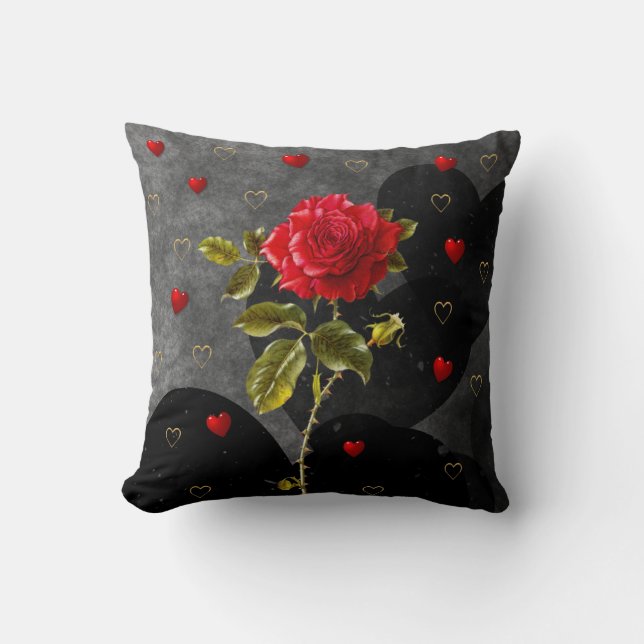 Black Grunge Hearts with Red Rose Throw Pillow (Front)