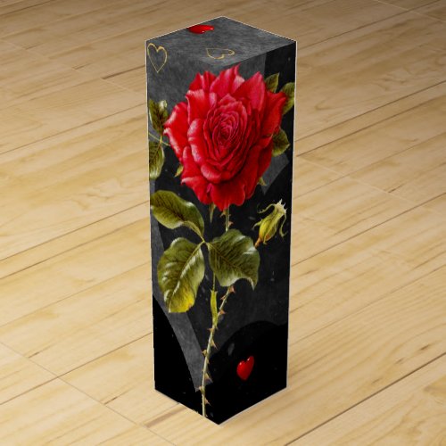 Black Grunge Hearts with Red Rose Wine Gift Box