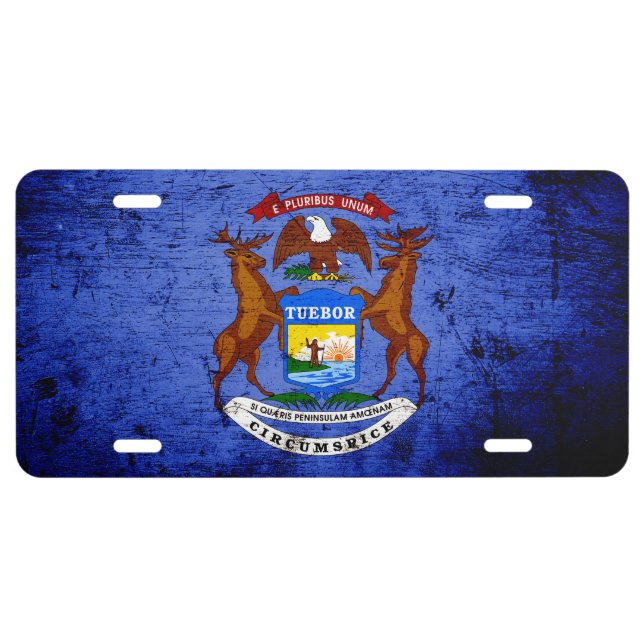 Black Grunge Michigan State Flag License Plate (Front)