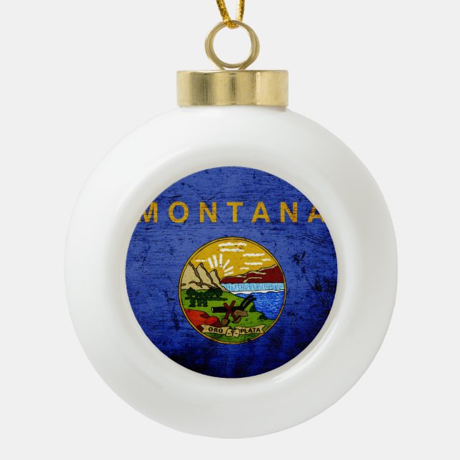 Black Grunge Montana State Flag Ceramic Ball Christmas Ornament (Front)