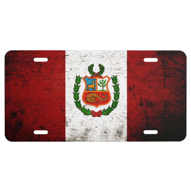 Black Grunge Peru Flag License Plate (Front)