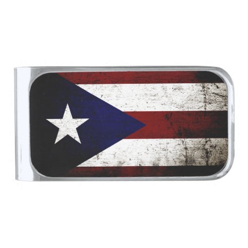Black Grunge Puerto Rico Flag Silver Finish Money Clip