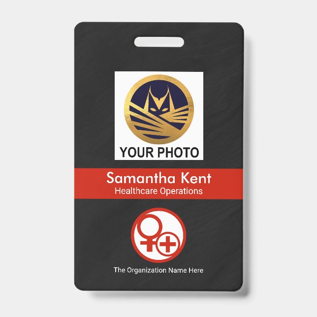 Black Grunge Red Stripe Photo Template Healthcare Badge (Front)