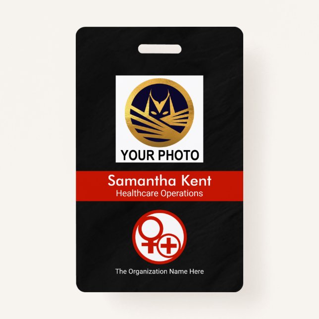Black Grunge Red Stripe Photo Template Healthcare Badge (Front)