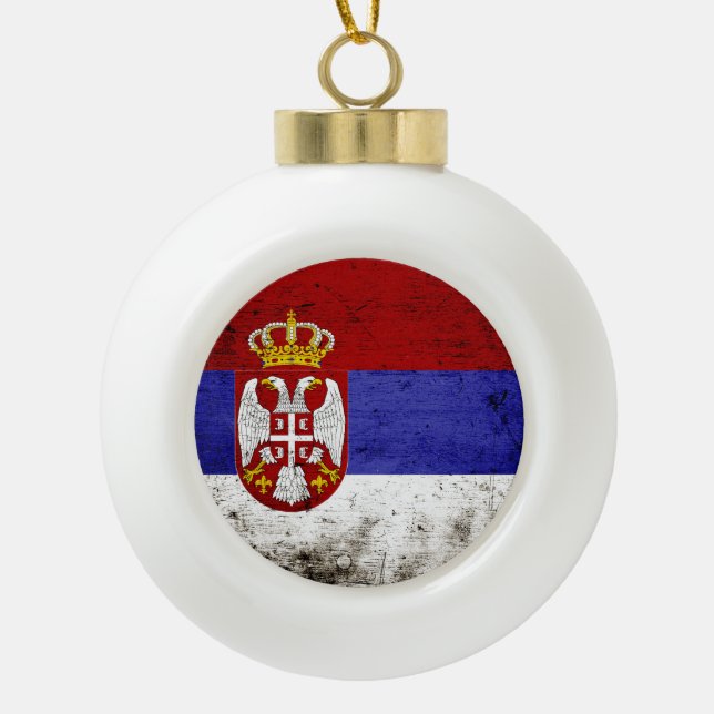 Black Grunge Serbia Flag Ceramic Ball Christmas Ornament (Front)