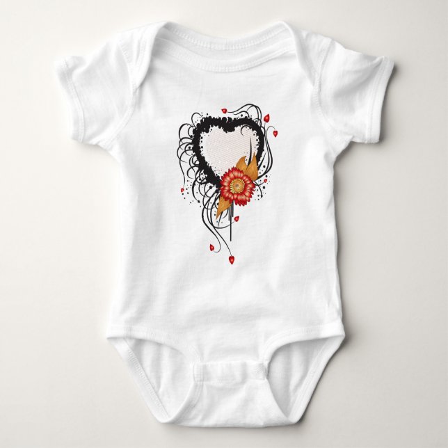 Black Grunge Style Heart and Flower Baby Bodysuit (Front)