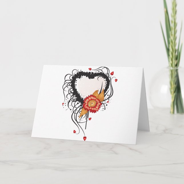 Black Grunge Style Heart and Flower Holiday Card (Front)