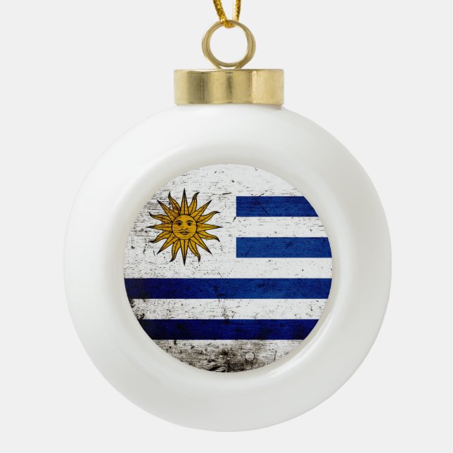 Black Grunge Uruguay Flag Ceramic Ball Christmas Ornament (Front)