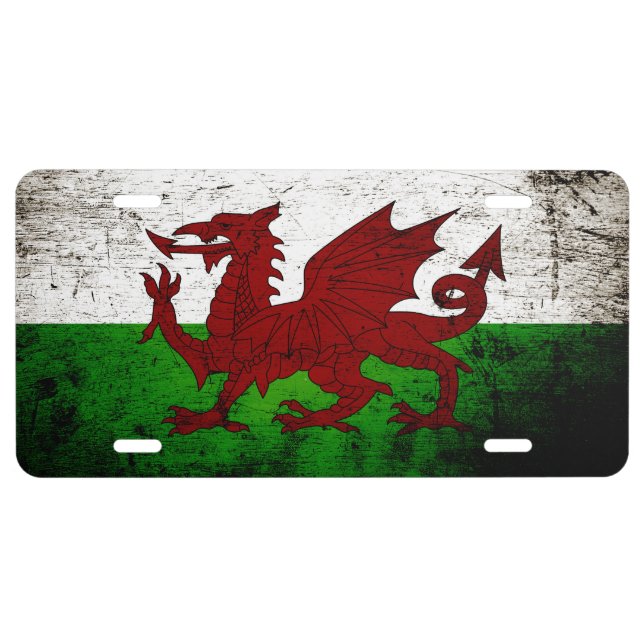 Black Grunge Wales Flag License Plate (Front)