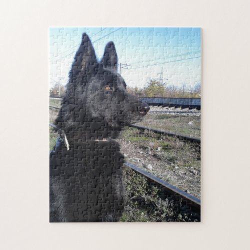 Black GSD with Train Tracks Jigsaw Puzzle