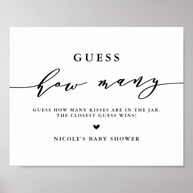 Black Guess How Many Kisses Script Baby Shower Poster (Front)