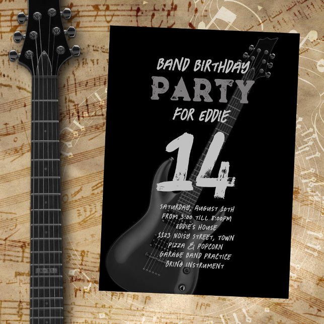 Black Guitar Band Birthday Teenager Invitation (Creator Uploaded)
