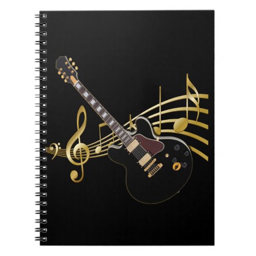 Black Guitar On Golden Music Spiral Notebook