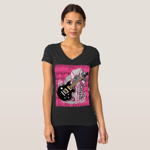 Black Guitar Pink Sheet Music Silver Crystal T_Shirt