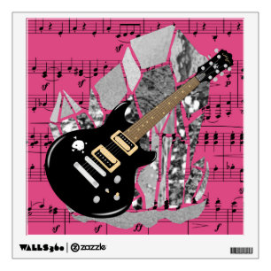 Black Guitar Pink Sheet Music Silver Crystal Wall Sticker