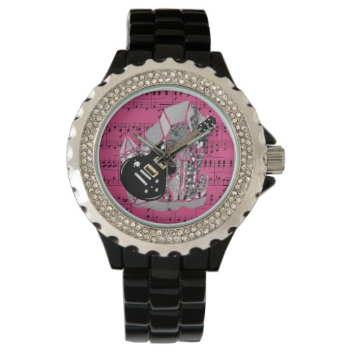 Black Guitar Pink Sheet Music Silver Crystal Watch