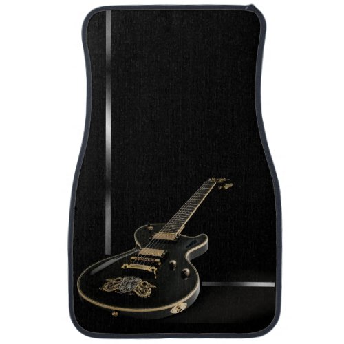 Black Guitar Silver Stripes on Black Car Floor Mat