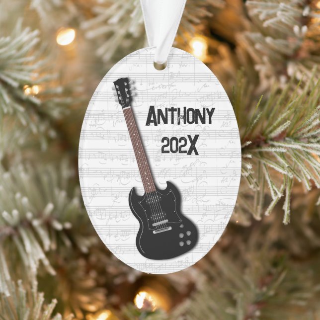 Black Guitar Teen Boys Name Date Ornament (Tree)