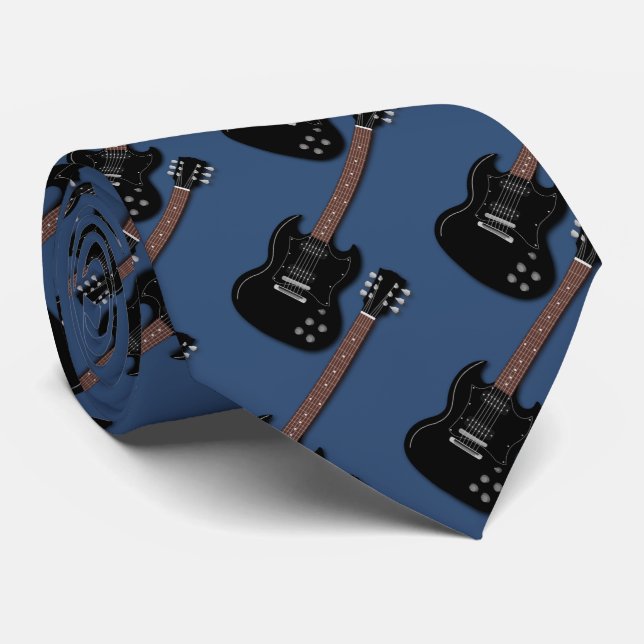 Black Guitars on Blue Musician Band Member Neck Tie (Rolled)