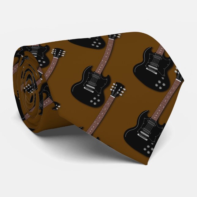 Black Guitars on Brown Musician Band Member Neck Tie (Rolled)