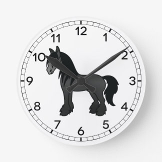 Black Gypsy Vanner Clydesdale Shire Cartoon Horse Round Clock