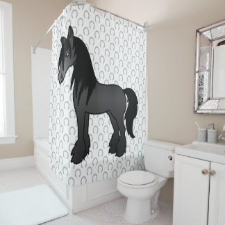 Black Gypsy Vanner Clydesdale Shire Cartoon Horse Shower Curtain