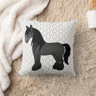 Black Gypsy Vanner Clydesdale Shire Cartoon Horse Throw Pillow