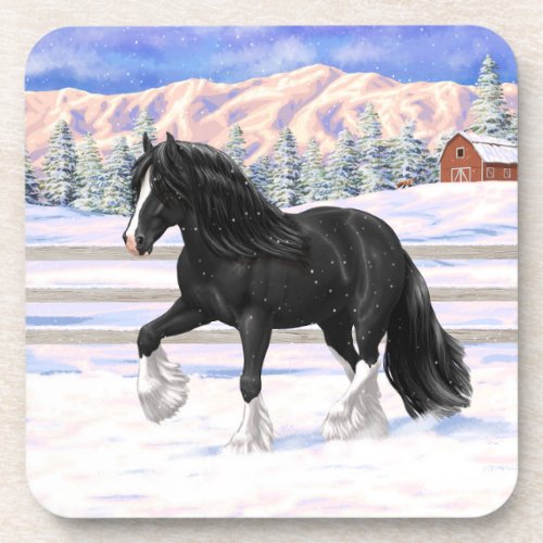 Black Gypsy Vanner Irish Cob Draft Horse In Snow Beverage Coaster