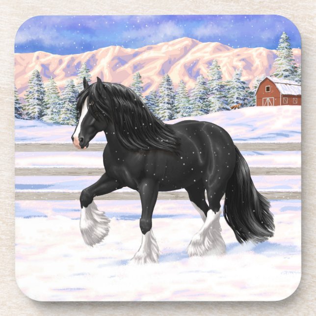 Black Gypsy Vanner Irish Cob Draft Horse In Snow Beverage Coaster (Front)