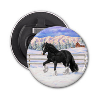 Black Gypsy Vanner Irish Cob Draft Horse In Snow Bottle Opener