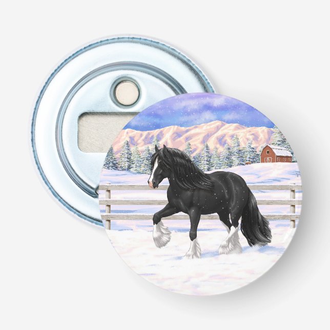 Black Gypsy Vanner Irish Cob Draft Horse In Snow Bottle Opener (Front)