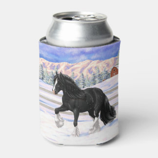 Black Gypsy Vanner Irish Cob Draft Horse In Snow Can Cooler