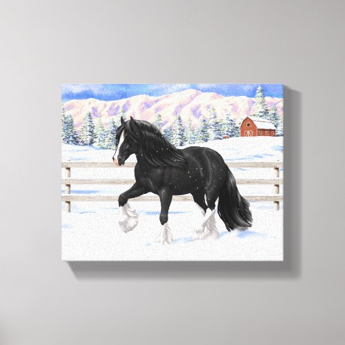 Black Gypsy Vanner Irish Cob Draft Horse In Snow Canvas Print