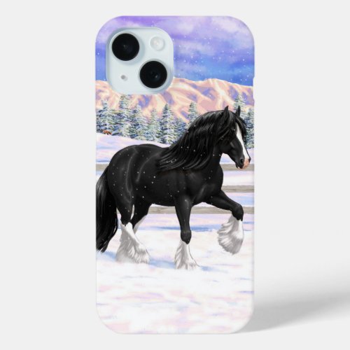 Black Gypsy Vanner Irish Cob Draft Horse In Snow iPhone 15 Case