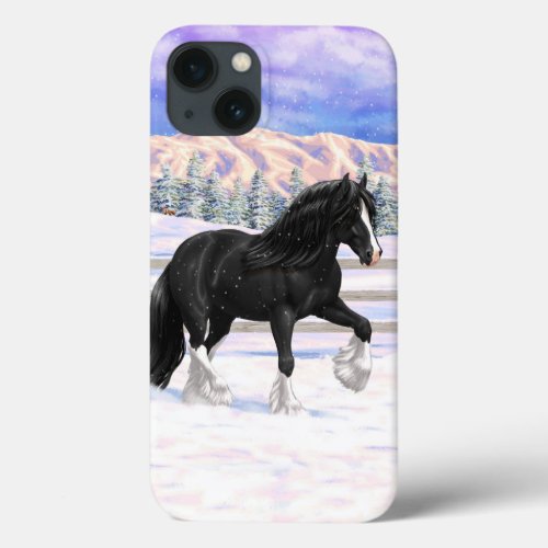 Black Gypsy Vanner Irish Cob Draft Horse In Snow iPhone 13 Case
