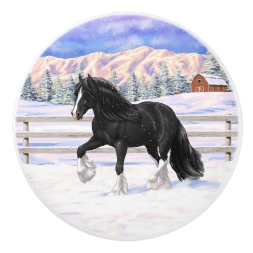 Black Gypsy Vanner Irish Cob Draft Horse In Snow Ceramic Knob