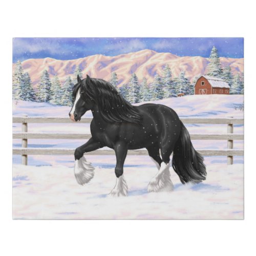 Black Gypsy Vanner Irish Cob Draft Horse In Snow Faux Canvas Print