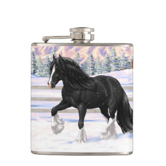 Black Gypsy Vanner Irish Cob Draft Horse In Snow Flask