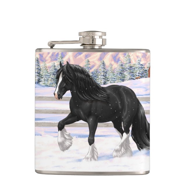 Black Gypsy Vanner Irish Cob Draft Horse In Snow Flask (Front)