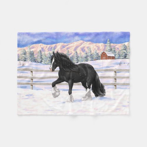 Black Gypsy Vanner Irish Cob Draft Horse In Snow Fleece Blanket