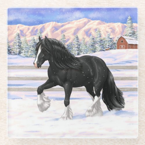 Black Gypsy Vanner Irish Cob Draft Horse In Snow Glass Coaster