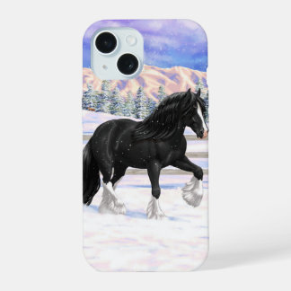 Black Gypsy Vanner Irish Cob Draft Horse In Snow iPhone 15 Case